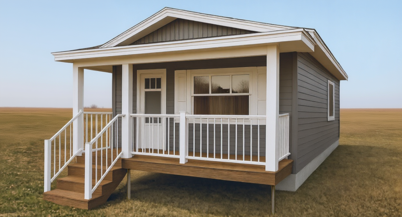 Living area of the Bluebell small home viewed from the dining area. A large rectangular window, with a radiator positioned below it, looks out to the front porch/deck. The room is unfurnished. The entrance to the home is to the left of the window, with a double-door closet further to the left. The entrance to the bathroom can be seen at the far left. The walls are light beige, and the floor is a dark wood laminate. Trim is white.