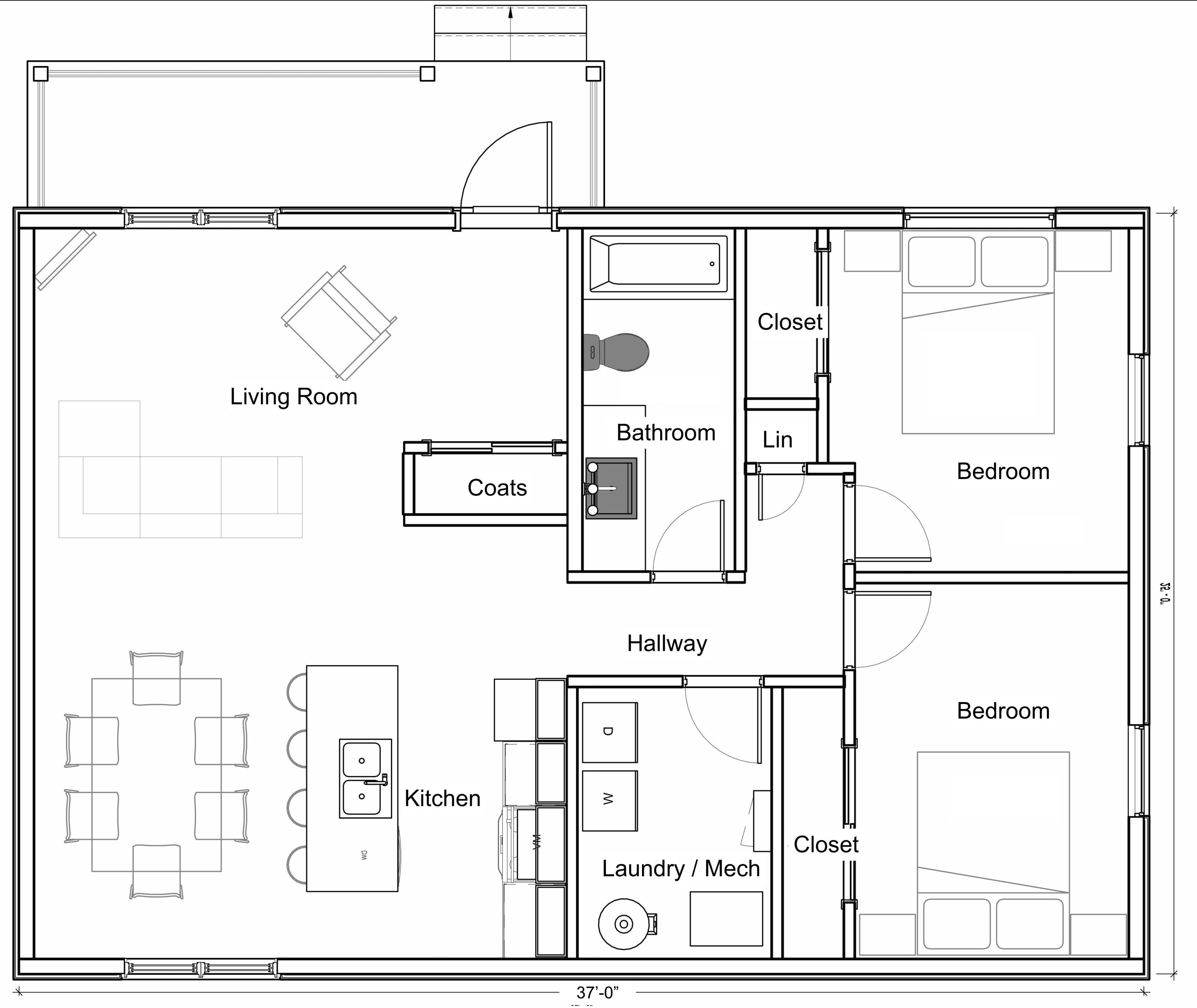 Living area of the Bluebell small home viewed from the kitchen. The kitchen has dark wood patterned flat-panel cabinets and a wide peninsula with a sink and stainless steel under-cabinet dishwasher. Above the peninsula hang three pendant lights. The dining area has a large square window, and the living area has a large rectangular window looking out to the front porch/deck. The room is unfurnished. The entrance to the home is on the far wall, to the left of the window. An air conditioning unit is positioned high on the right-hand wall within the living area. The walls are light beige, and the floor is a dark wood laminate. Trim is white.