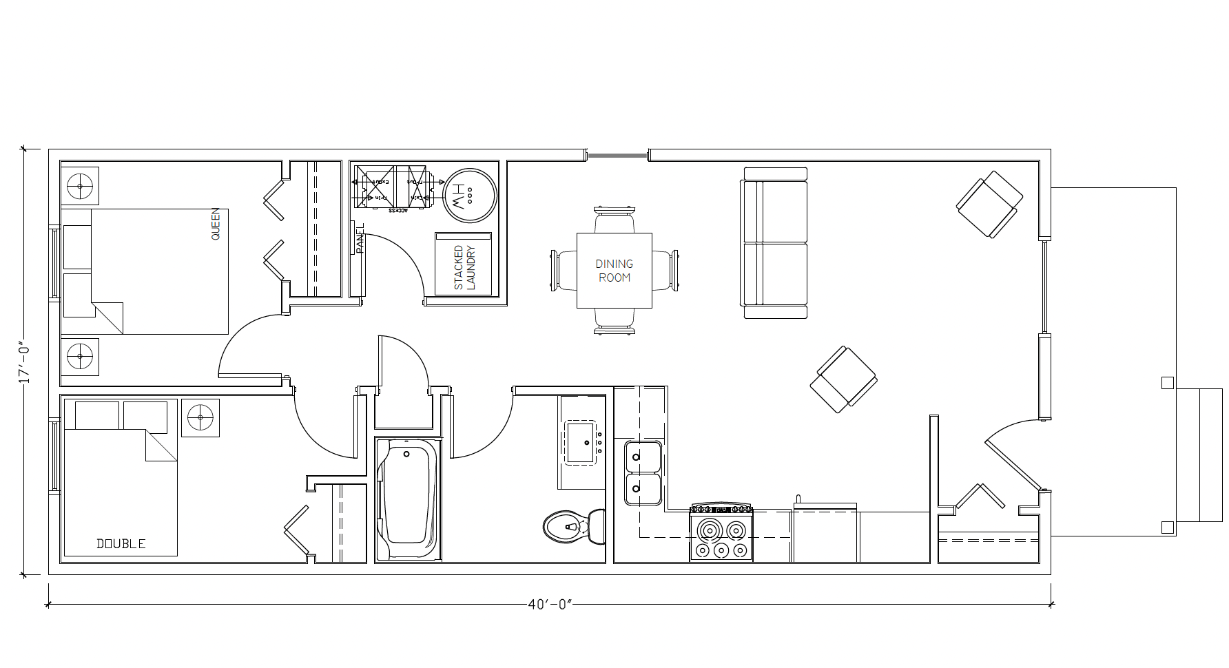 Entrance area of the Bluebell small home. A double-doored closet is on the wall beside the entrance. The door to the bathroom is in the centre of the image. To the left is a closet with a pocket door; this closet contains a stacked washer and dryer unit. The walls are light beige, and the floor is a dark wood laminate. Trim is white.