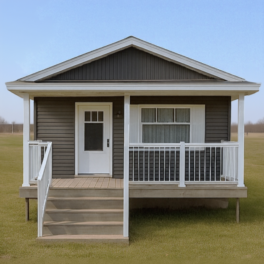 Unknown Exterior view of the front of the Bluebell small home style at Glendale Homes Park in Brandon, Manitoba. The home has front porch with white metal railing. The home has red siding and white trim.