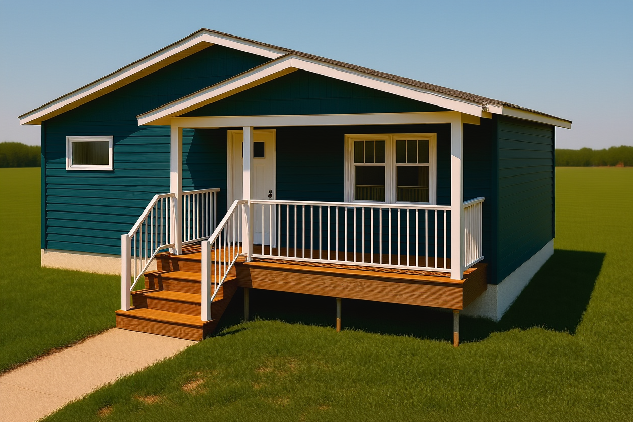 Entrance area of the Bluebell small home. A double-doored closet is on the wall beside the entrance. The door to the bathroom is in the centre of the image. To the left is a closet with a pocket door; this closet contains a stacked washer and dryer unit. The walls are light beige, and the floor is a dark wood laminate. Trim is white.