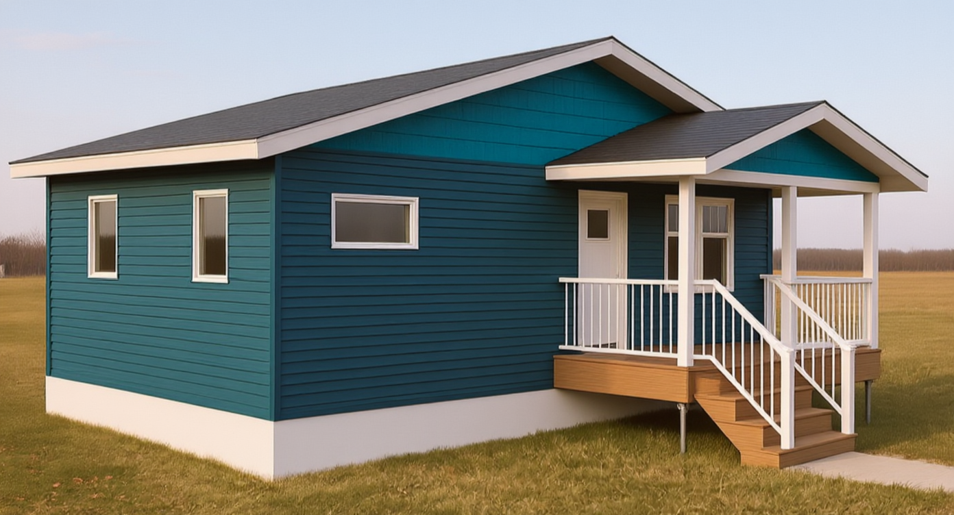 urban blue_2.1 Exterior view of the front of the Bluebell small home style at Glendale Homes Park in Brandon, Manitoba. The home has front porch with white metal railing. The home has red siding and white trim.