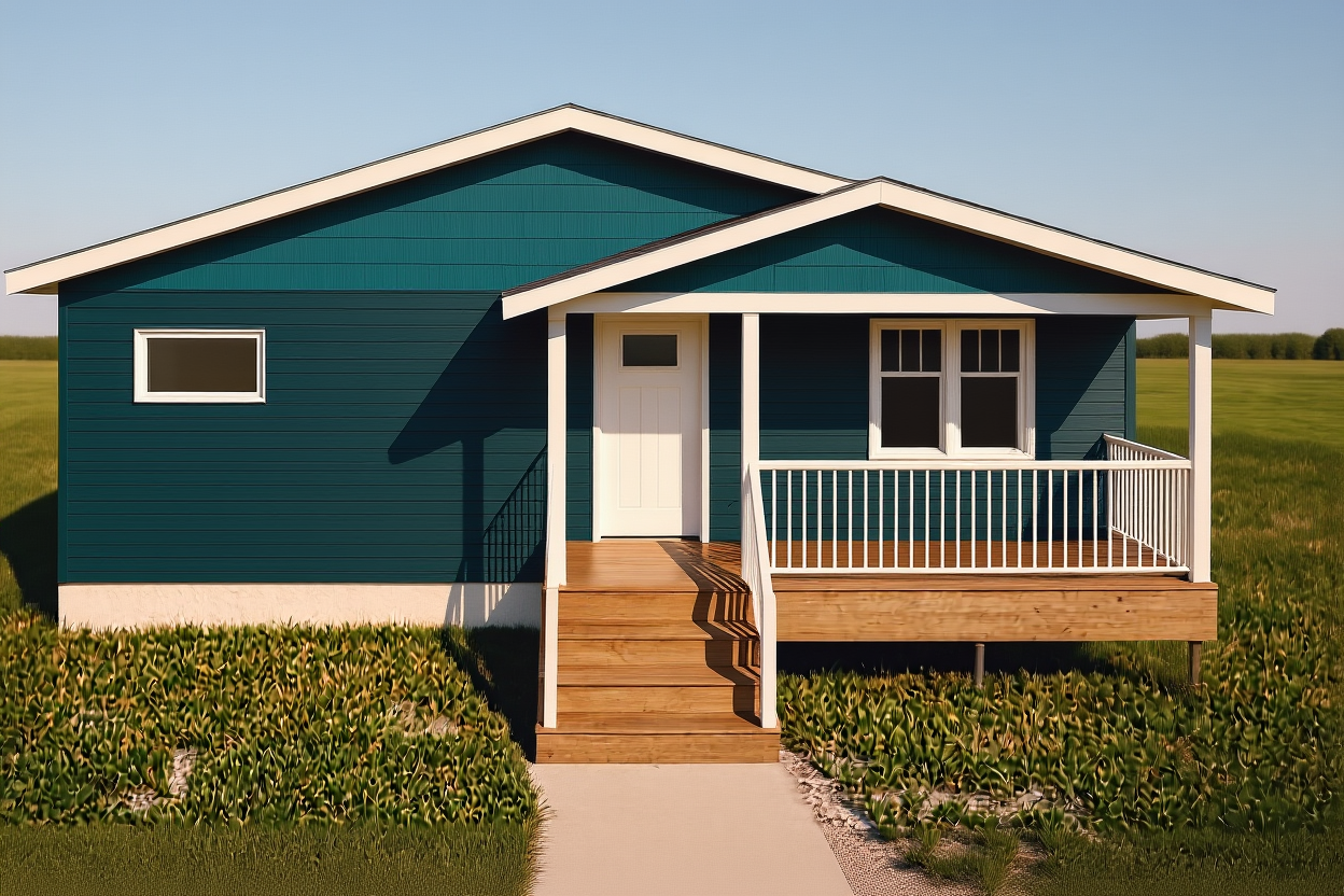 Living area of the Bluebell small home viewed from the dining area. A large rectangular window, with a radiator positioned below it, looks out to the front porch/deck. The room is unfurnished. The entrance to the home is to the left of the window, with a double-door closet further to the left. The entrance to the bathroom can be seen at the far left. The walls are light beige, and the floor is a dark wood laminate. Trim is white.